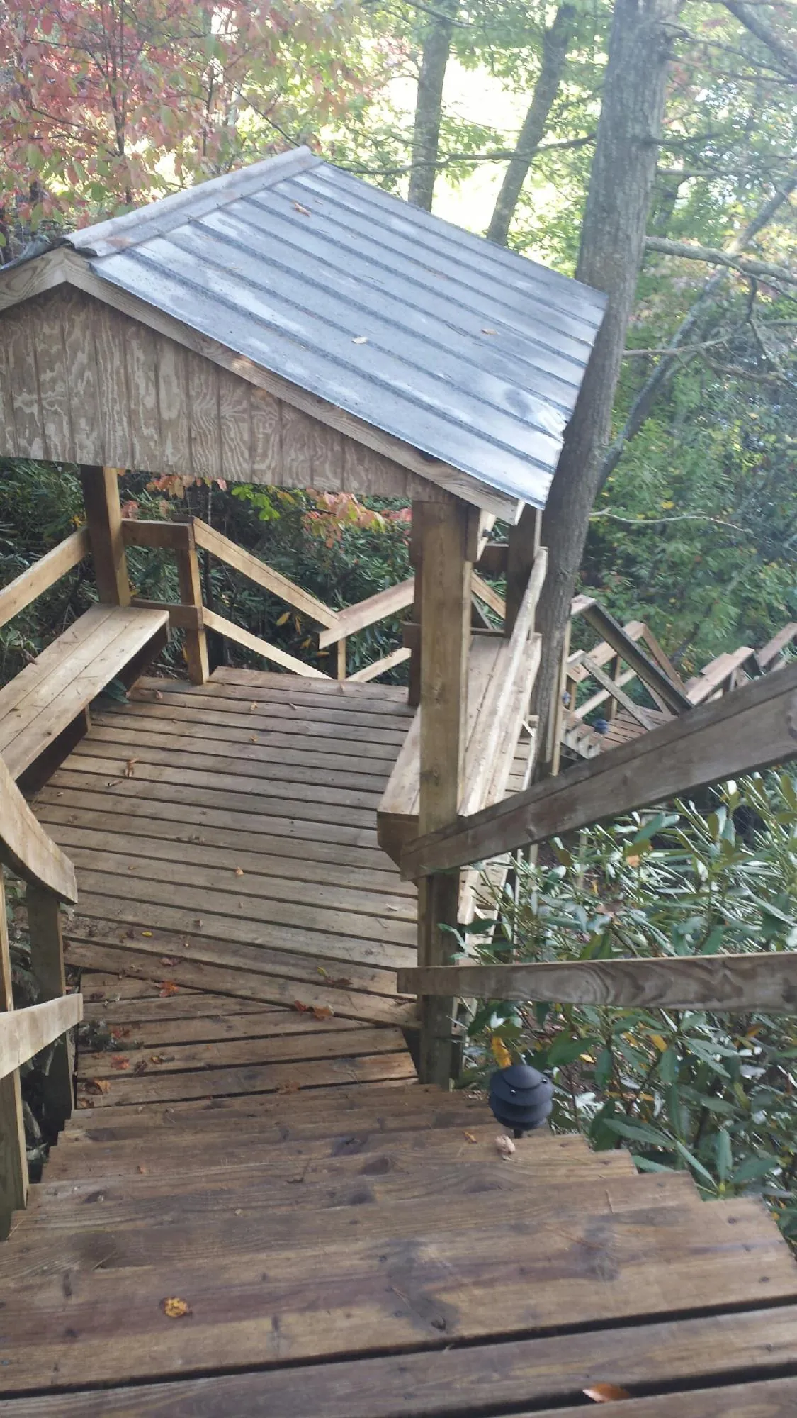 Metal roofed shelter over wooden steps on a wooded walkway — Skylight Repair & Installation work by our crew in Justin